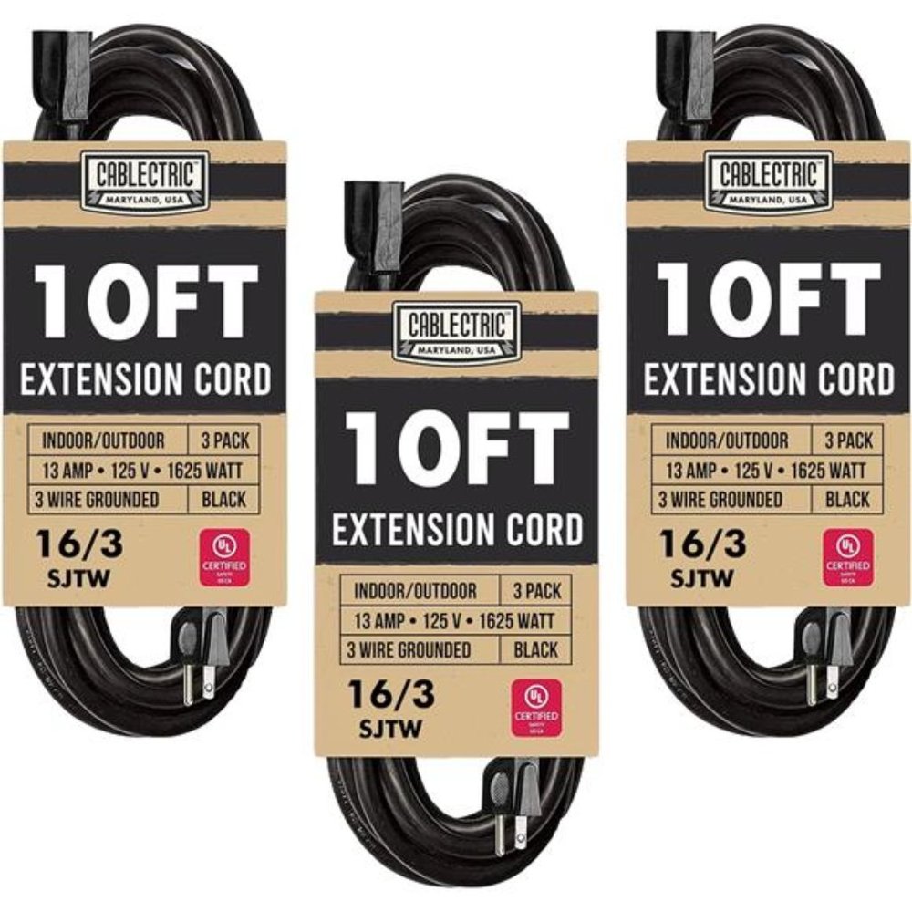 Weatherproof Black Extension Cord 10 Ft, 3 Pack,  Outdoor & Indoor 3 Prong